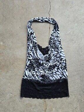 Y2K 90s Vintage Cowl Halter Top Pattern Lace Grunge Club Going Out Top Size L